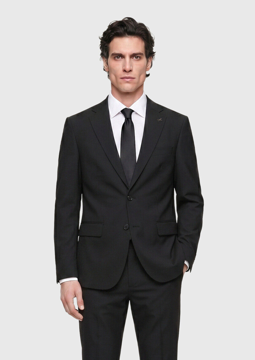 Siyah Çizgili Modern Fit Yün Karışımlı Takım Elbise - 1