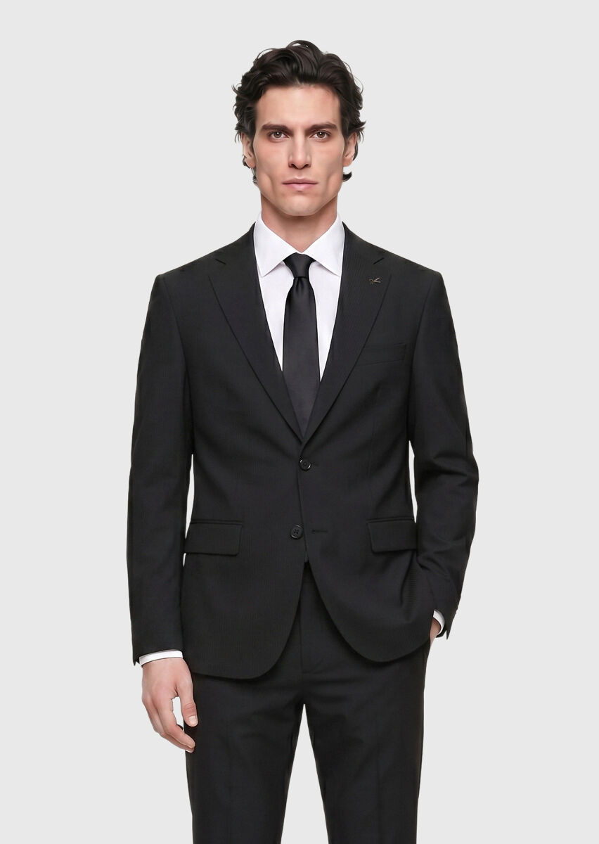 Siyah Çizgili Modern Fit Yün Karışımlı Takım Elbise - 1