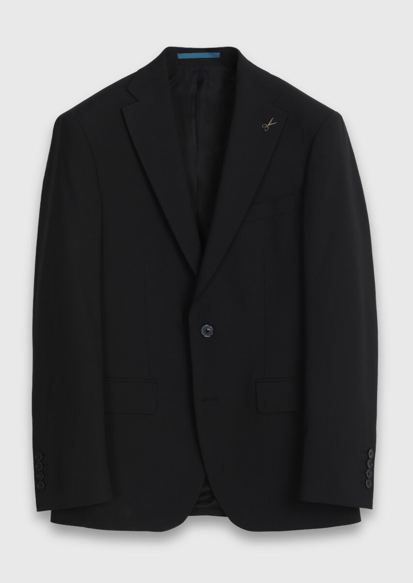 Siyah Çizgili Modern Fit Yün Karışımlı Takım Elbise - 4