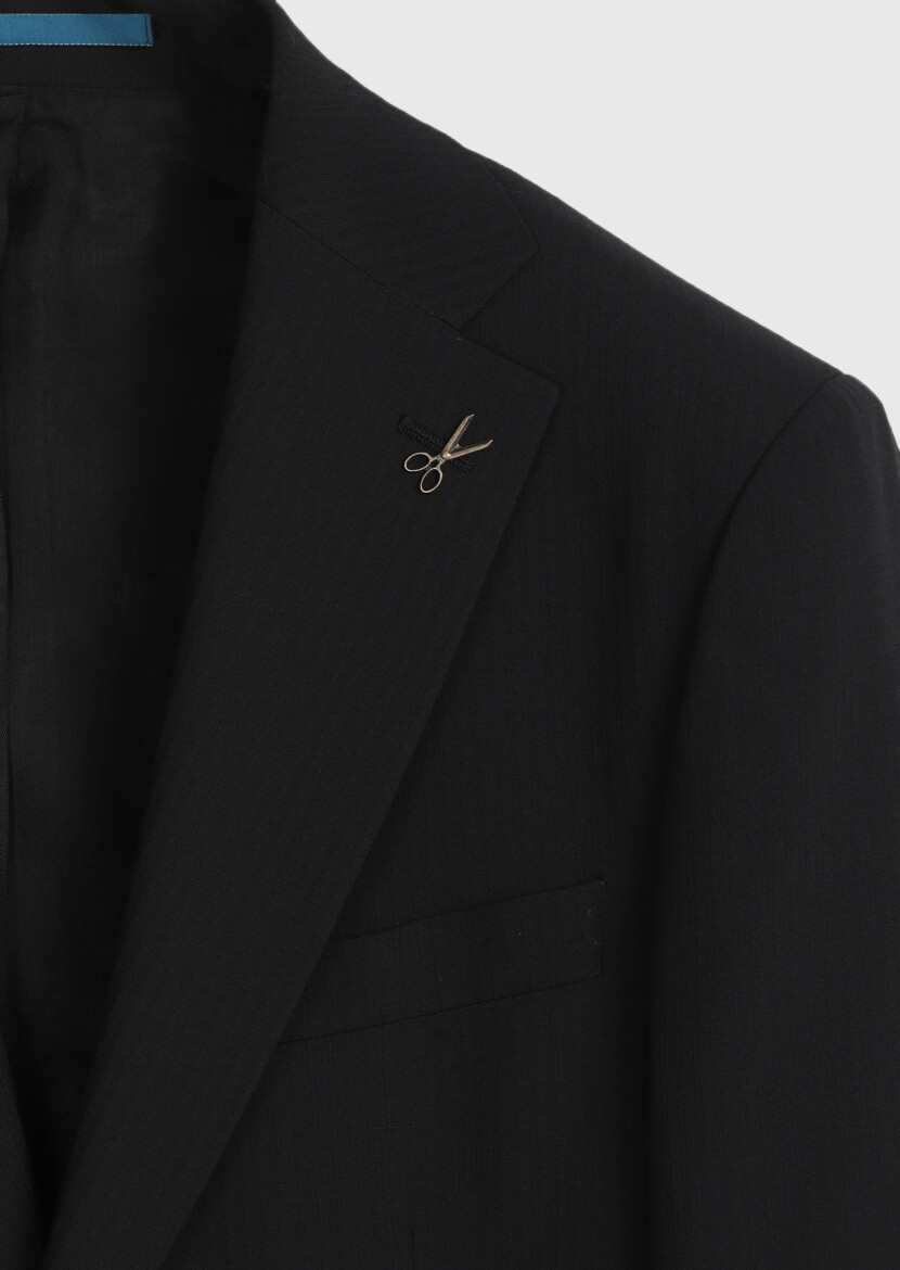 Siyah Çizgili Modern Fit Yün Karışımlı Takım Elbise - 6