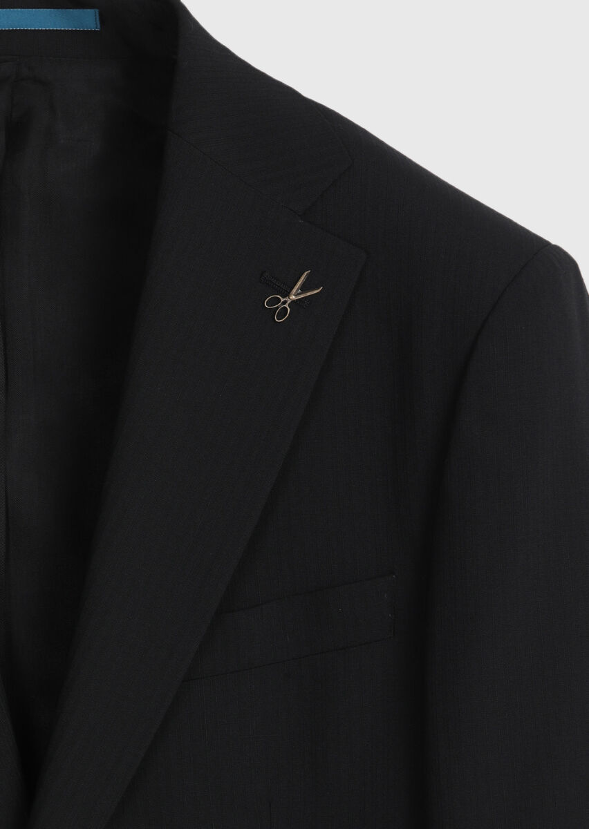 Siyah Çizgili Modern Fit Yün Karışımlı Takım Elbise - 6