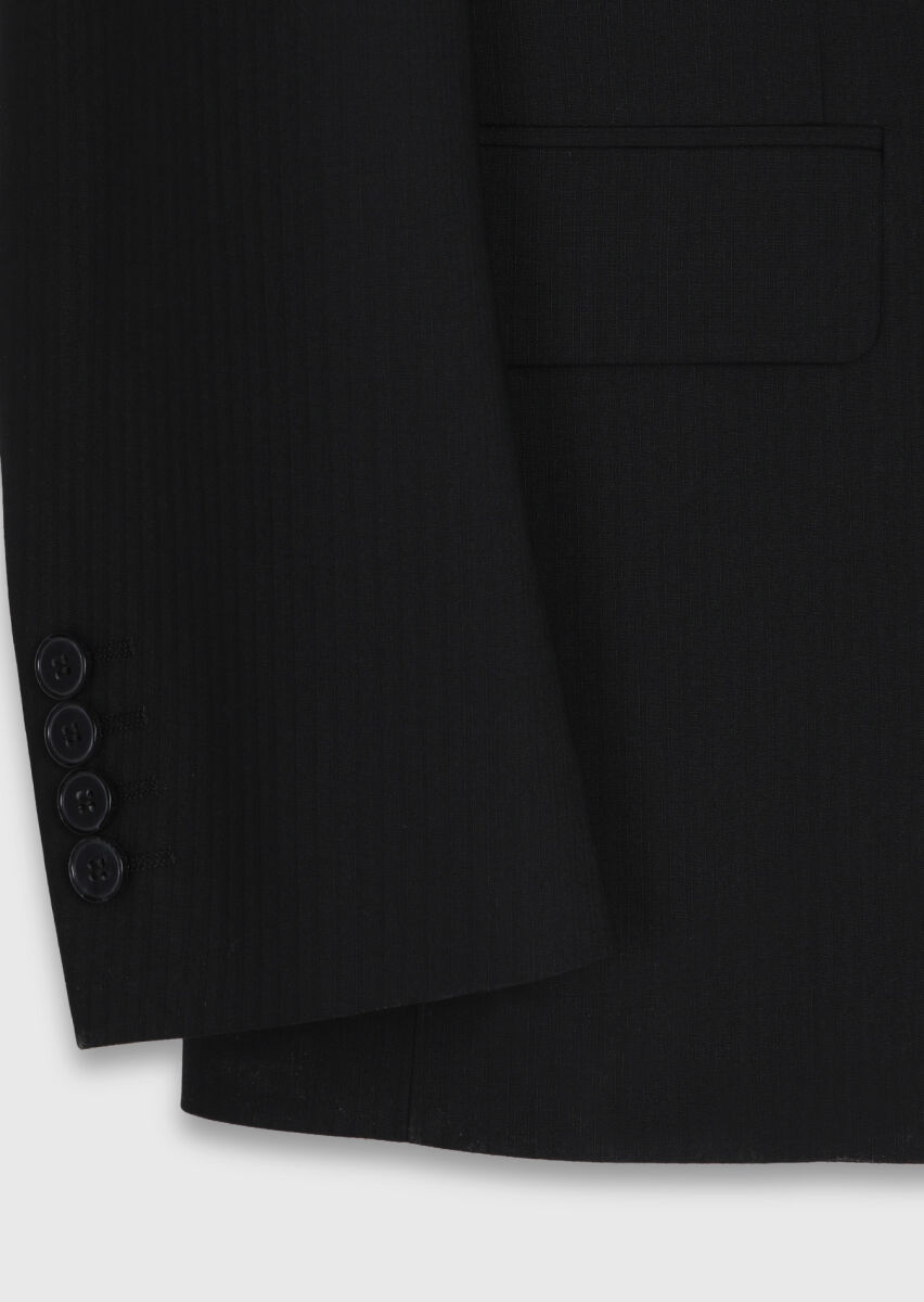 Siyah Çizgili Modern Fit Yün Karışımlı Takım Elbise - 7