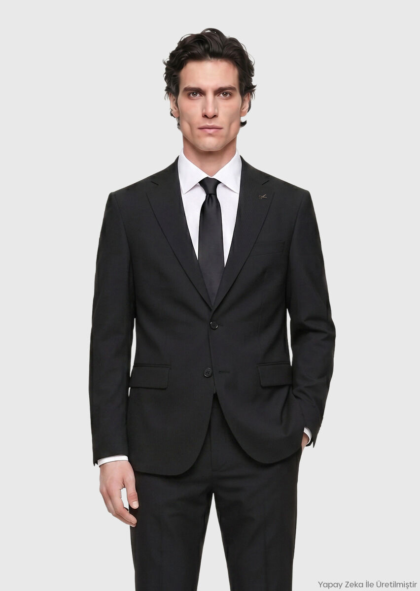 RAMSEY Siyah Çizgili Modern Fit Yün Karışımlı Takım Elbise