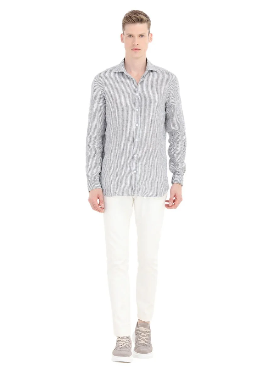 Siyah Çizgili Regular Fit Dokuma Casual %100 Keten Gömlek - 1