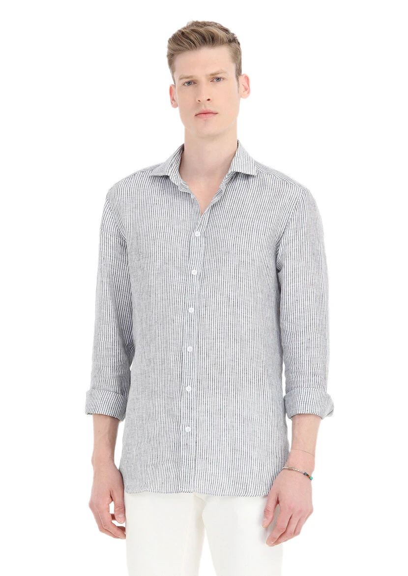 Siyah Çizgili Regular Fit Dokuma Casual %100 Keten Gömlek - 2