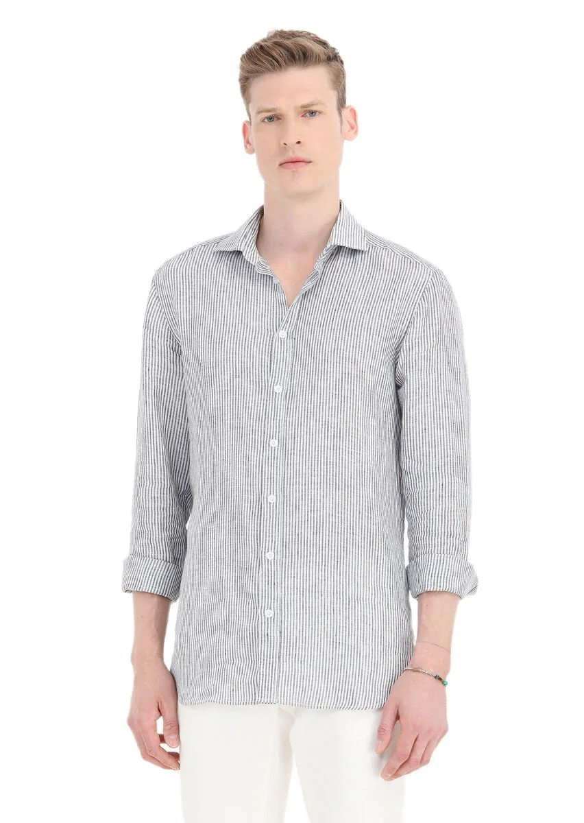 Siyah Çizgili Regular Fit Dokuma Casual %100 Keten Gömlek - 2