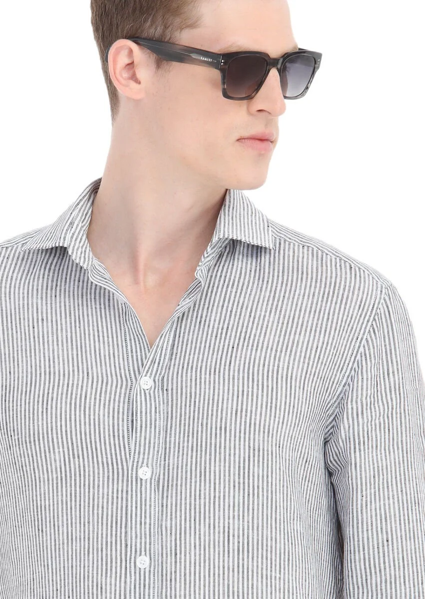 Siyah Çizgili Regular Fit Dokuma Casual %100 Keten Gömlek - 3