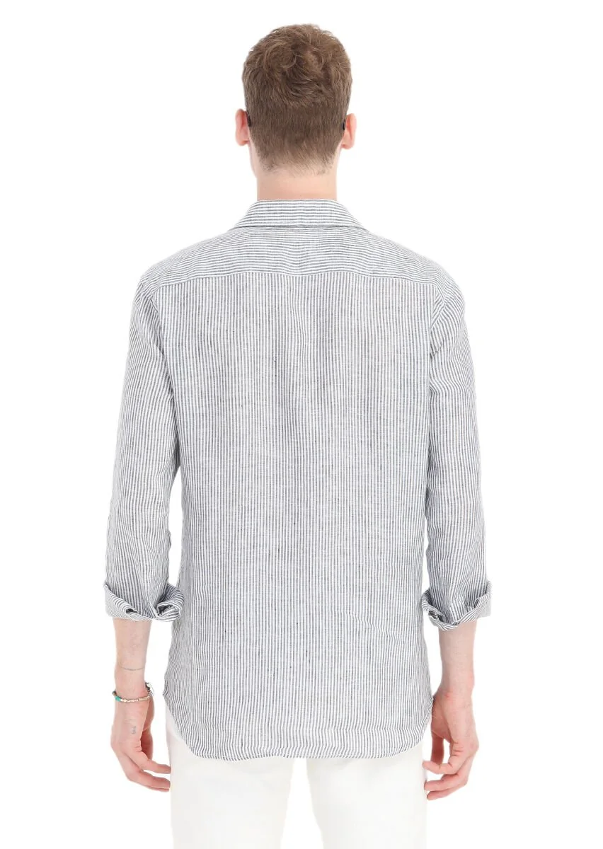 Siyah Çizgili Regular Fit Dokuma Casual %100 Keten Gömlek - 4