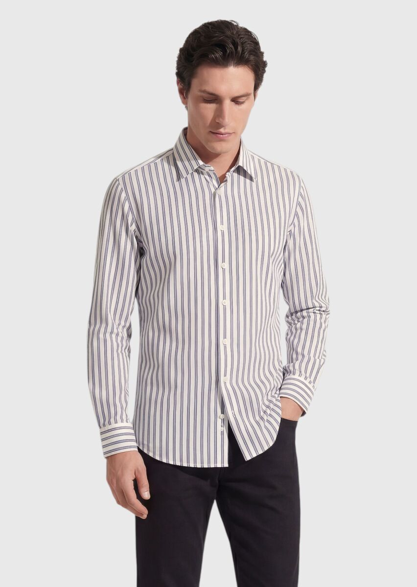 Siyah Çizgili Regular Fit Dokuma Casual İpek Karışımlı Gömlek - 4