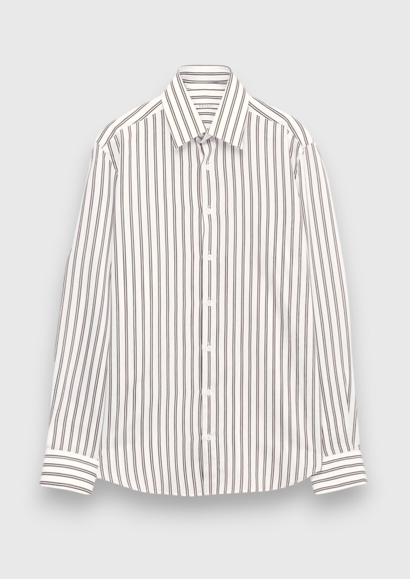 Siyah Çizgili Regular Fit Dokuma Casual İpek Karışımlı Gömlek - 6