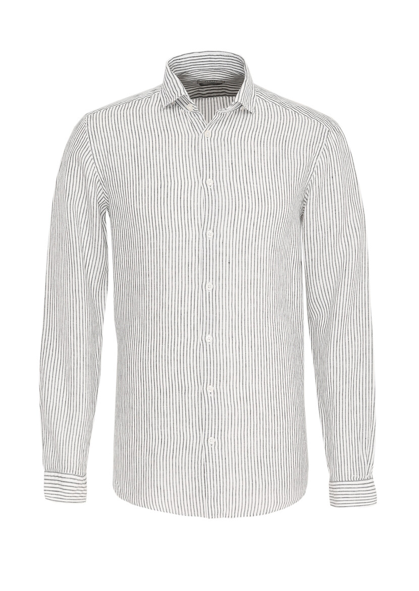 Siyah Çizgili Regular Fit Uzun Dokuma Casual %100 Keten Gömlek - 1