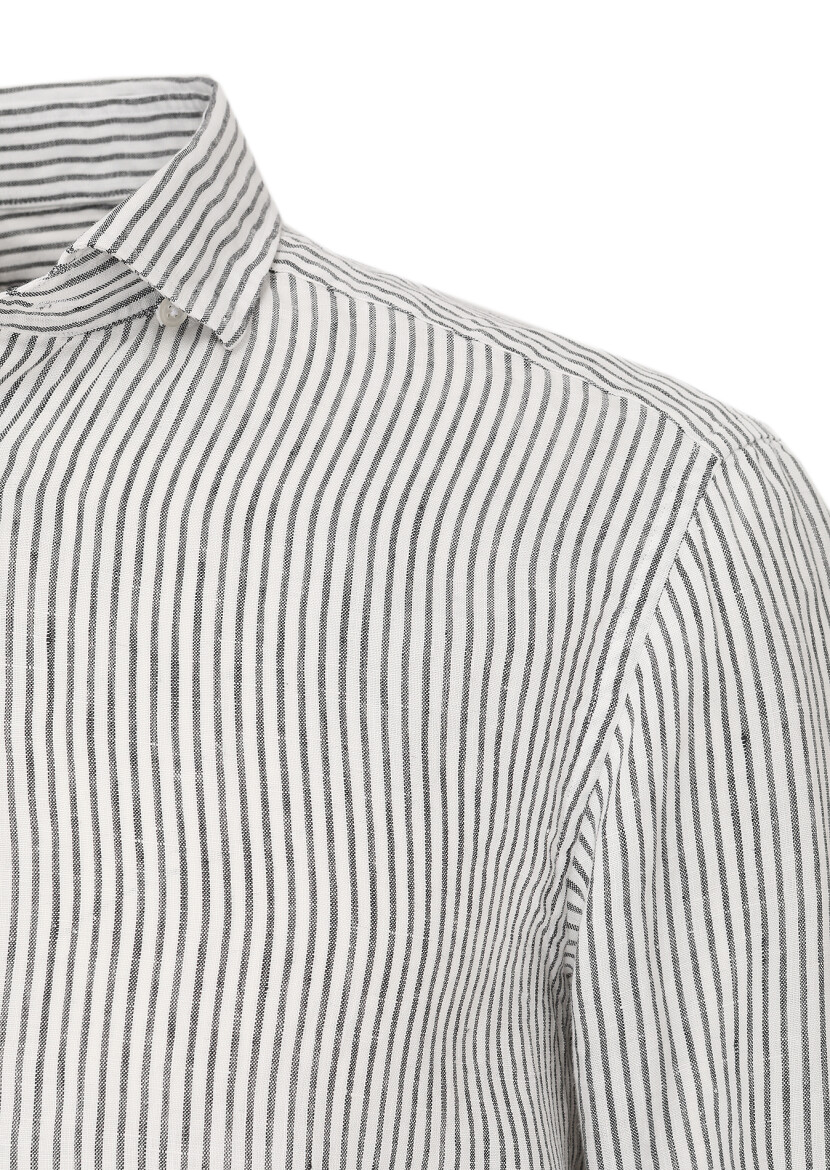 Siyah Çizgili Regular Fit Uzun Dokuma Casual %100 Keten Gömlek - 2