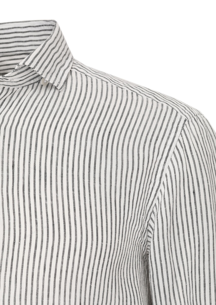 Siyah Çizgili Regular Fit Uzun Dokuma Casual %100 Keten Gömlek - 2