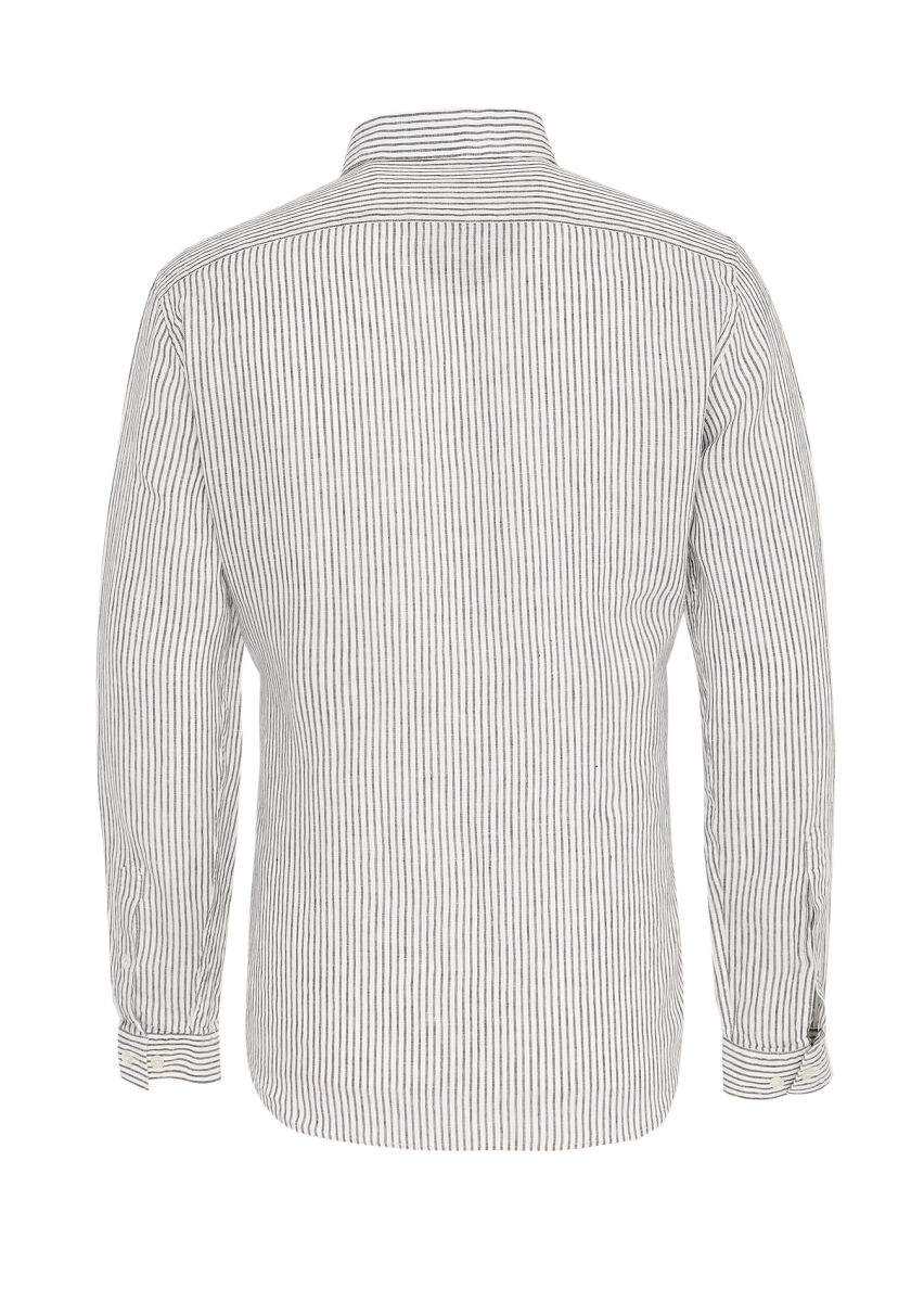 Siyah Çizgili Regular Fit Uzun Dokuma Casual %100 Keten Gömlek - 6