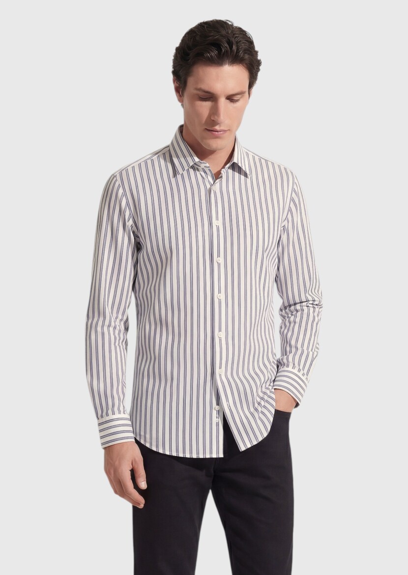 Siyah Çizgili Regular Fit Uzun Dokuma Casual İpek Karışımlı Gömlek - 4