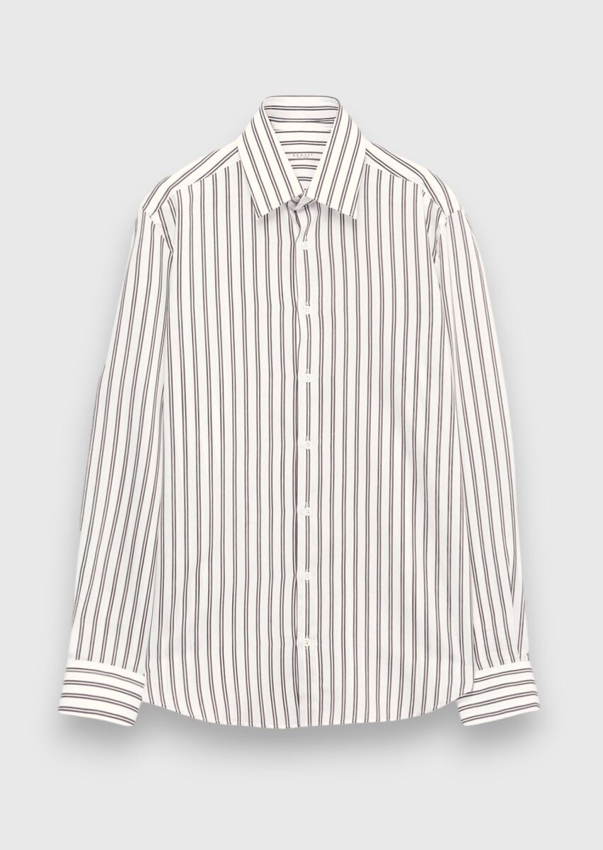 Siyah Çizgili Regular Fit Uzun Dokuma Casual İpek Karışımlı Gömlek - 6