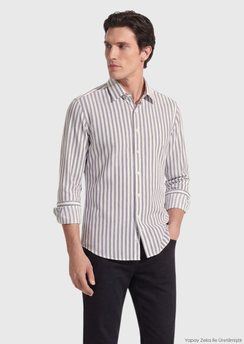Siyah Çizgili Regular Fit Uzun Dokuma Casual İpek Karışımlı Gömlek 