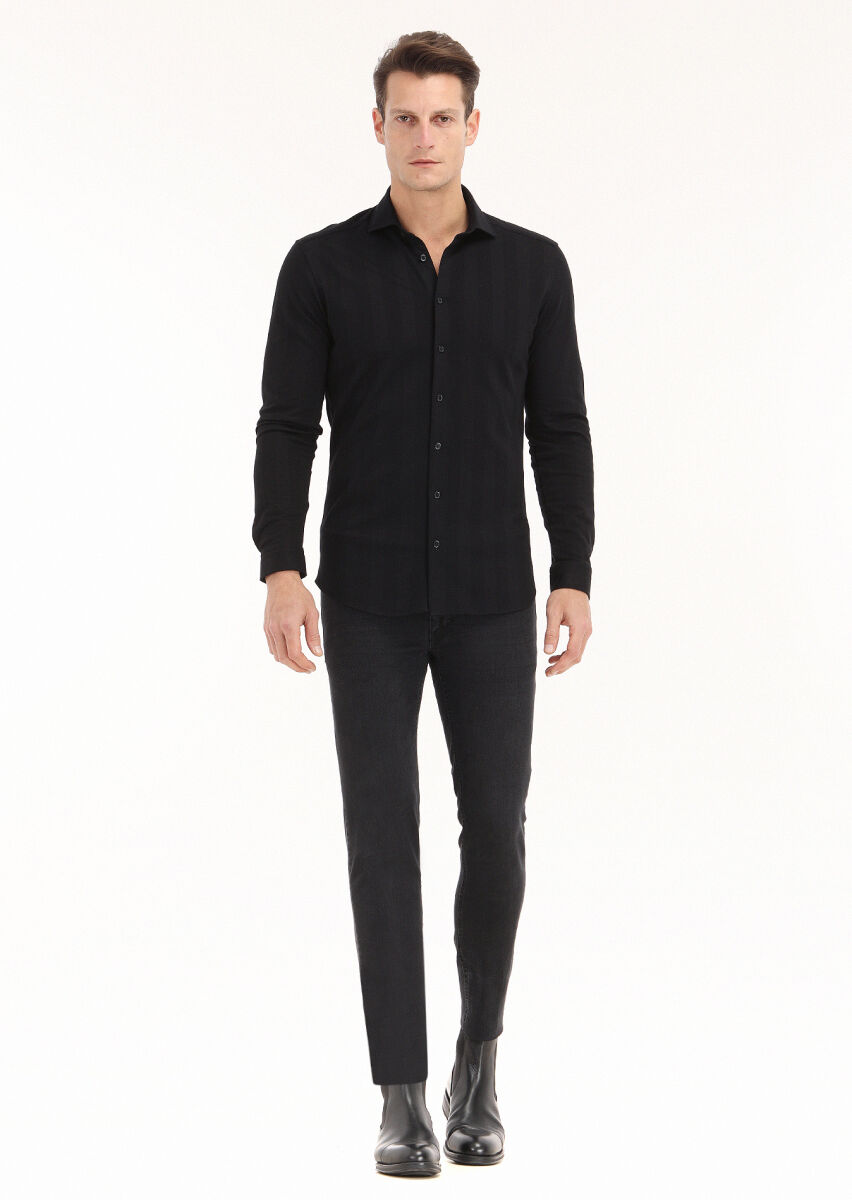 Siyah Çizgili Slim Fit Uzun Casual %100 Pamuk Gömlek - 1