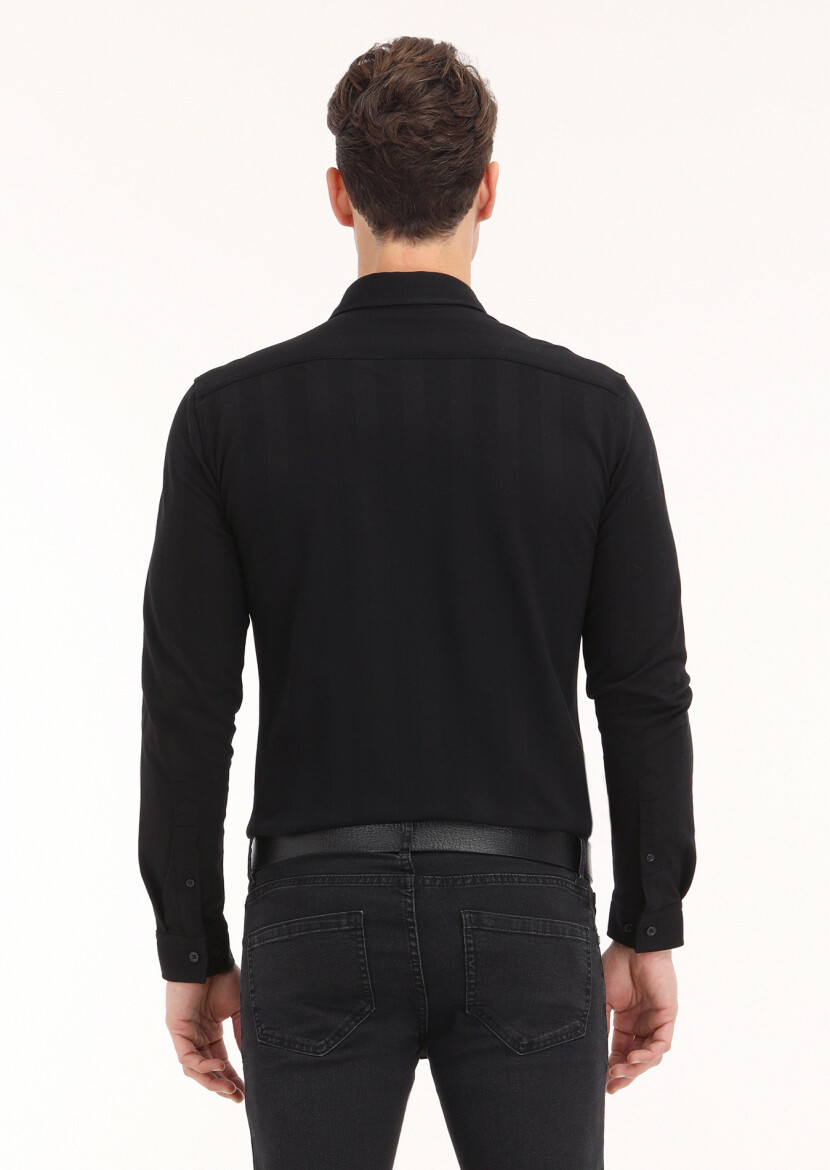 Siyah Çizgili Slim Fit Uzun Casual %100 Pamuk Gömlek - 4