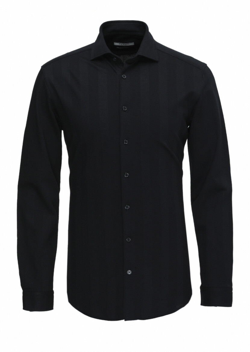 Siyah Çizgili Slim Fit Uzun Casual %100 Pamuk Gömlek - 5