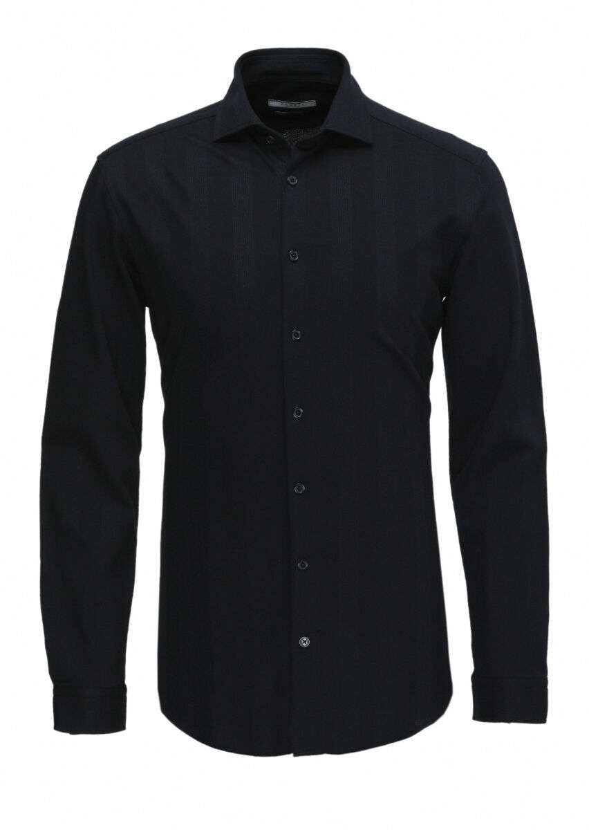 Siyah Çizgili Slim Fit Uzun Casual %100 Pamuk Gömlek - 5