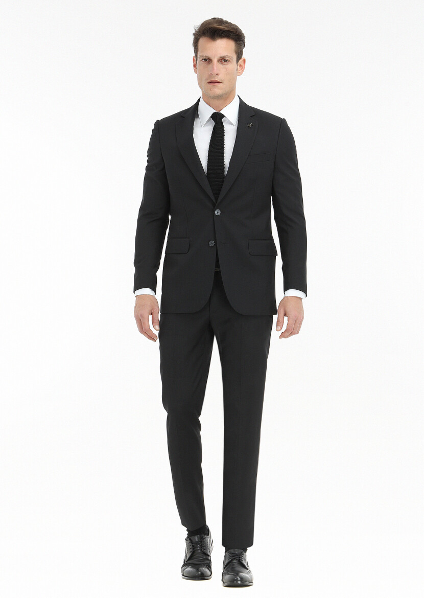 Siyah Çizgili Thin&taller Slim Fit %100 Yün Takım Elbise 