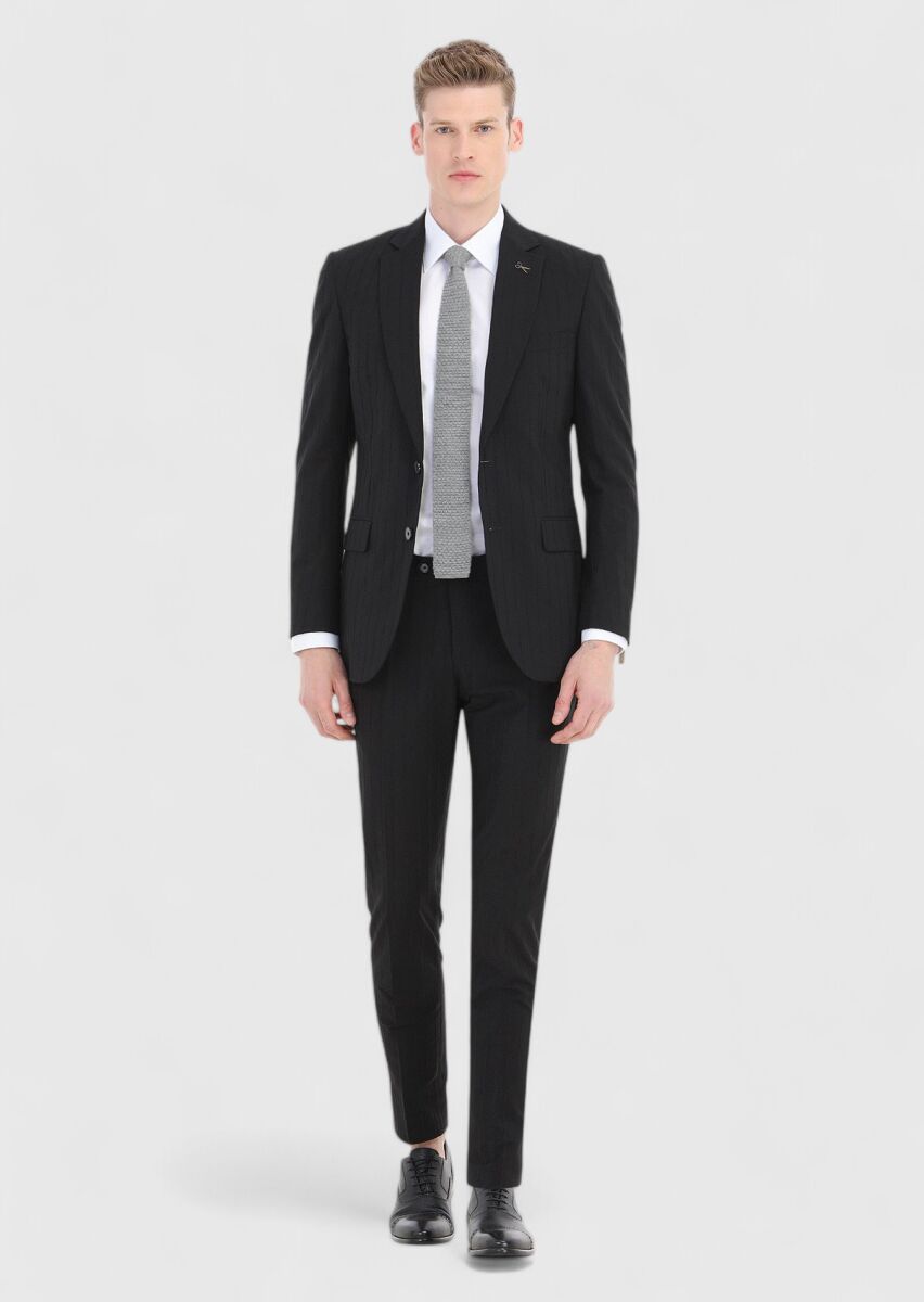 Siyah Çizgili Thin&taller Slim Fit Pamuk Karışımlı Takım Elbise - 1