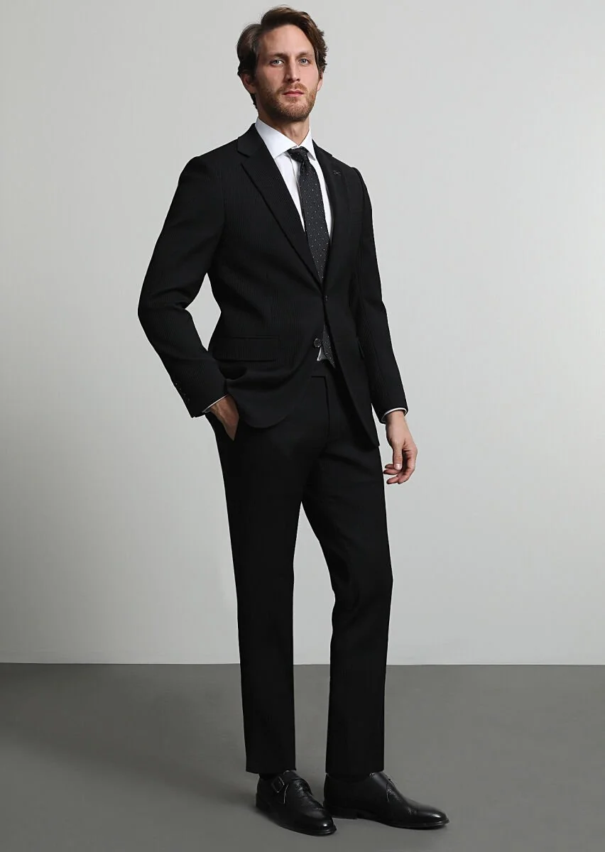 Siyah Çizgili Thin&taller Slim Fit Yün Karışımlı Takım Elbise - 1