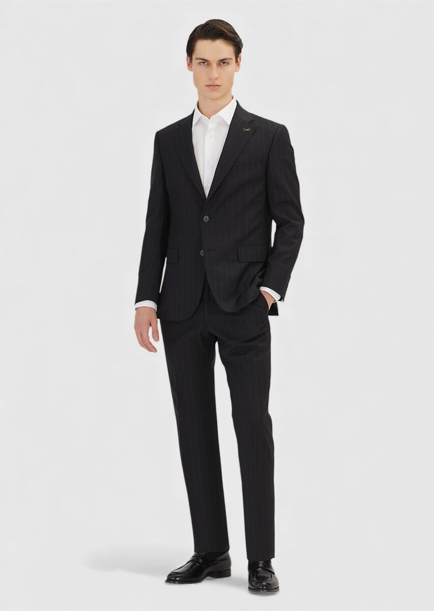RAMSEY Siyah Çizgili Zeroweight Slim Fit %100 Yün Takım Elbise