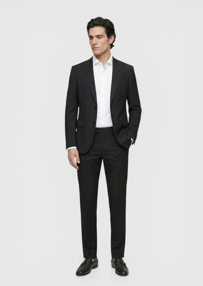 Siyah Çizgili Zeroweight Slim Fit %100 Yün Takım Elbise - 3