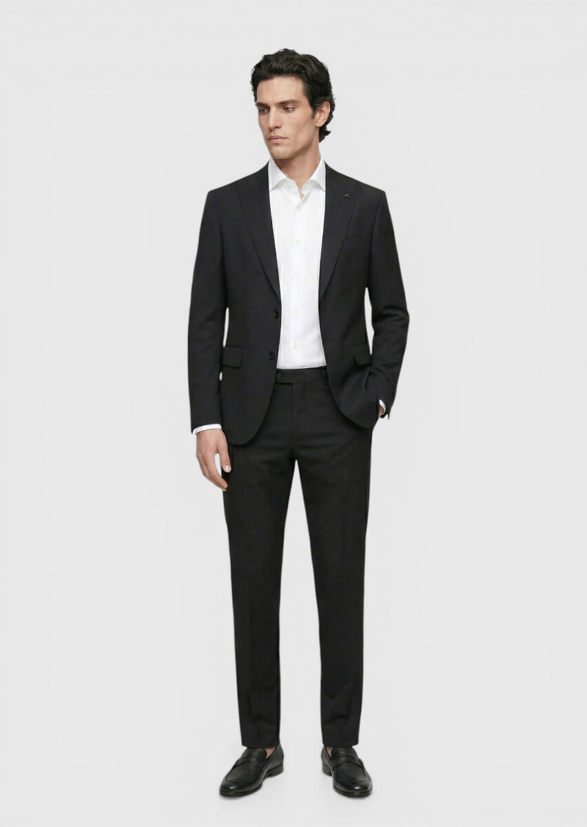 Siyah Çizgili Zeroweight Slim Fit %100 Yün Takım Elbise - 3