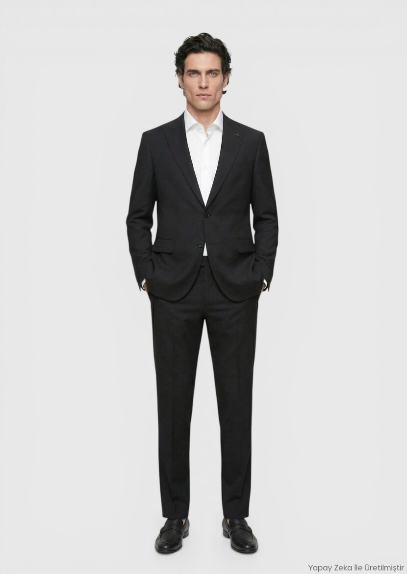 Siyah Çizgili Zeroweight Slim Fit %100 Yün Takım Elbise - RAMSEY