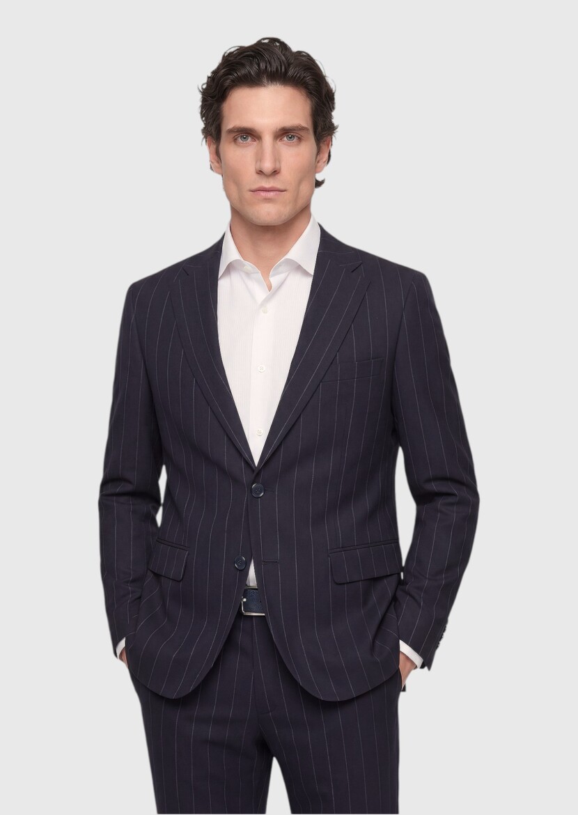 Siyah Çizgili Zeroweight Slim Fit %100 Yün Takım Elbise - 1