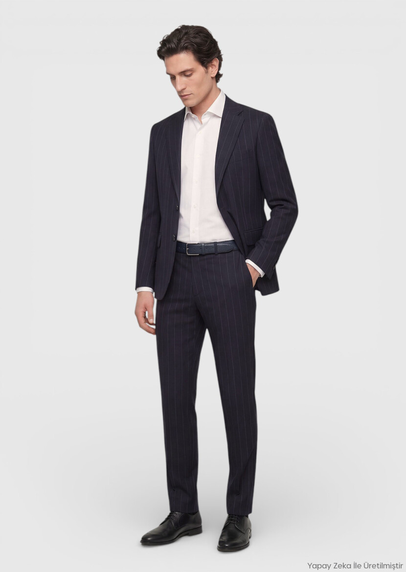Siyah Çizgili Zeroweight Slim Fit %100 Yün Takım Elbise - RAMSEY