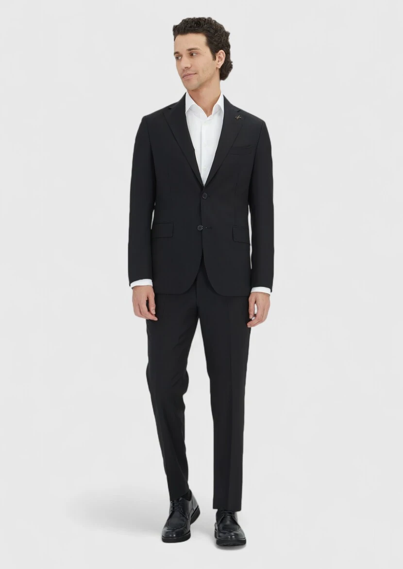 Siyah Çizgili Zeroweight Slim Fit %100 Yün Takım Elbise - 3