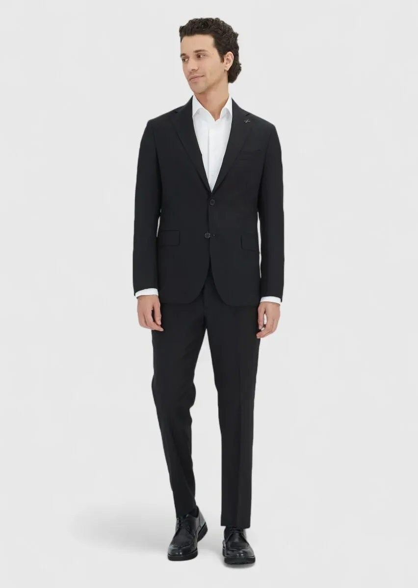 Siyah Çizgili Zeroweight Slim Fit %100 Yün Takım Elbise - 3