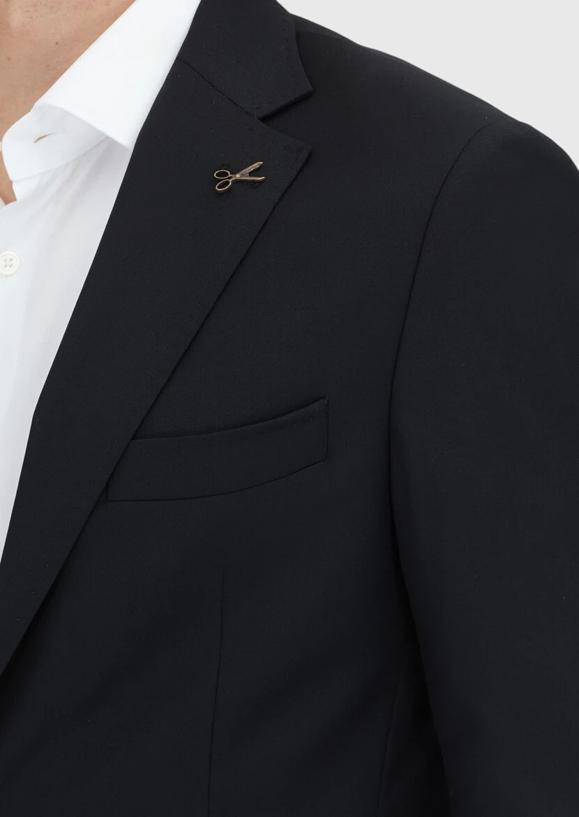 Siyah Çizgili Zeroweight Slim Fit %100 Yün Takım Elbise - 3