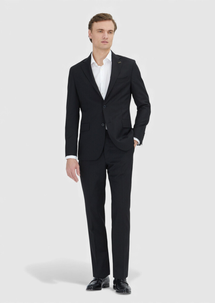 Siyah Çizgili Zeroweight Slim Fit %100 Yün Takım Elbise - 1