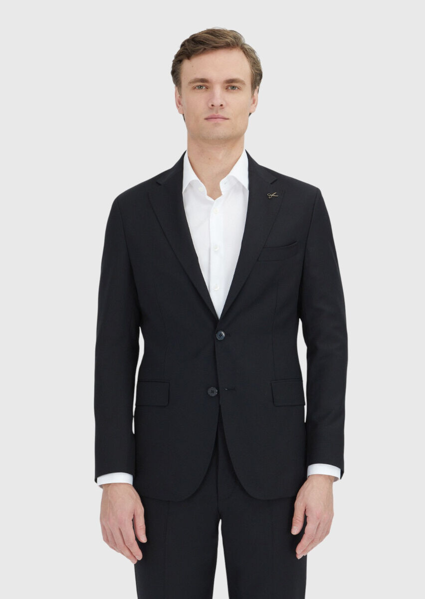 Siyah Çizgili Zeroweight Slim Fit %100 Yün Takım Elbise - 2
