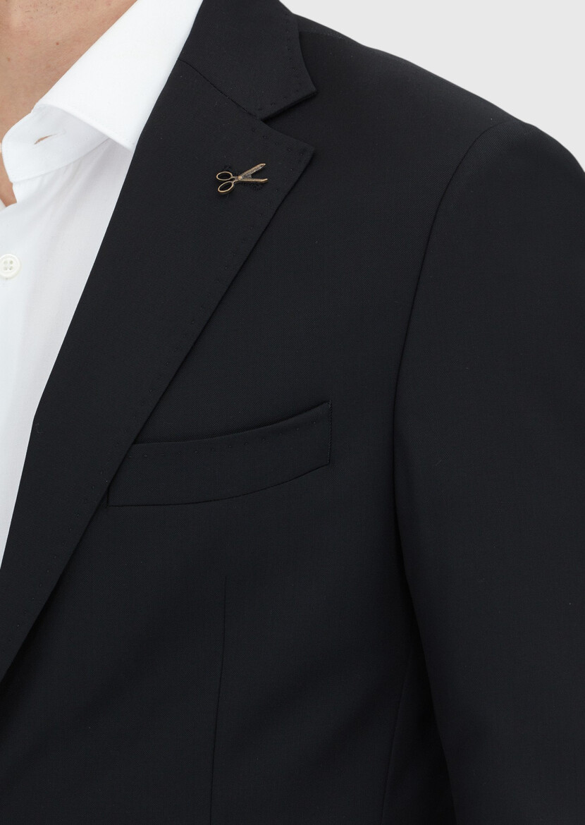 Siyah Çizgili Zeroweight Slim Fit %100 Yün Takım Elbise - 3