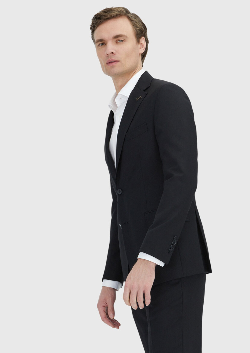 Siyah Çizgili Zeroweight Slim Fit %100 Yün Takım Elbise - 4
