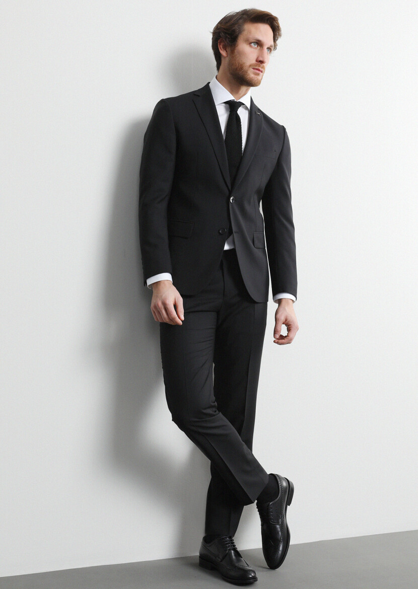 Siyah Çizgili Zeroweight Slim Fit Yün Karışımlı Takım Elbise - 3