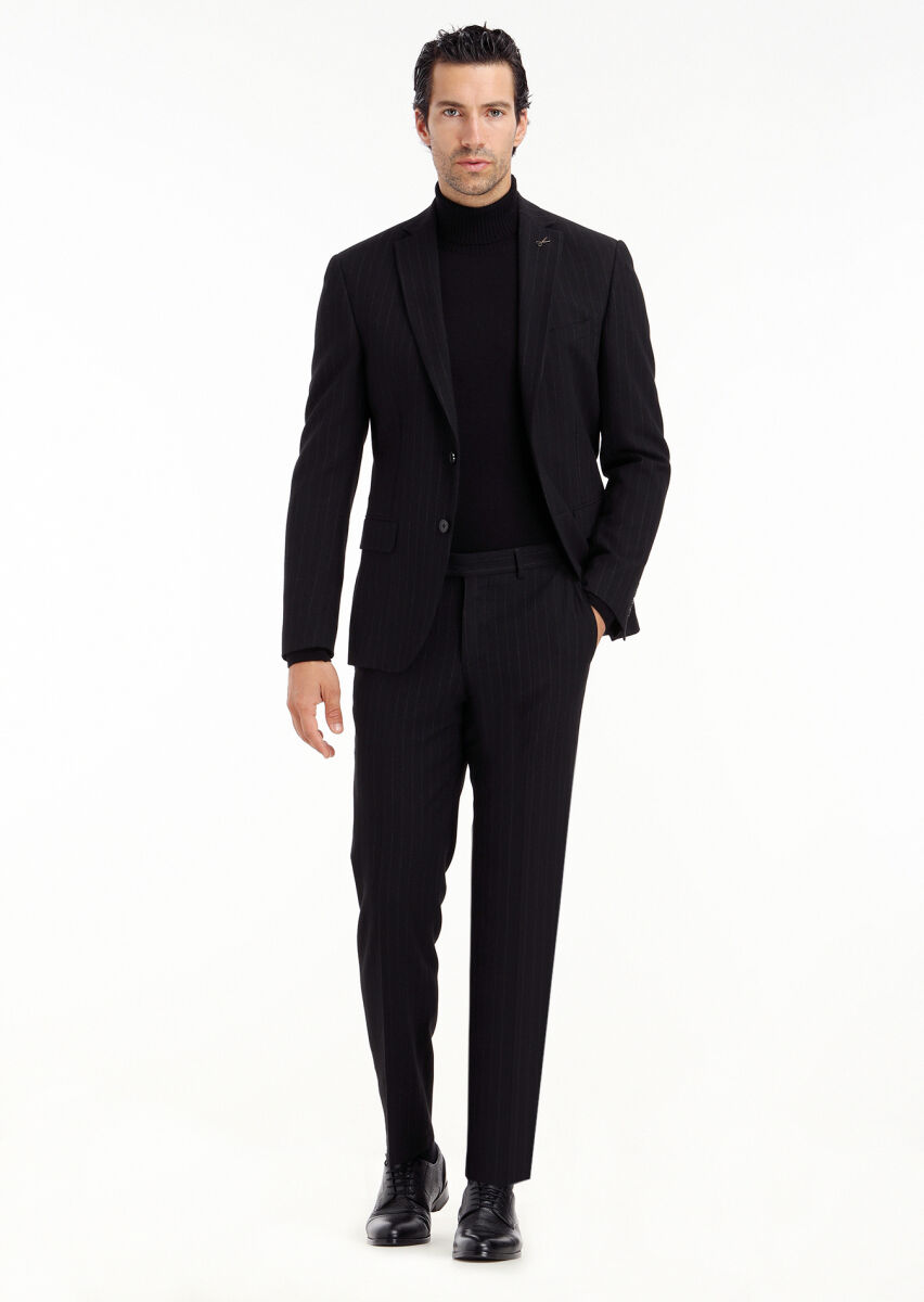 Siyah Çizgili Zeroweight Slim Fit Yün Karışımlı Takım Elbise - 1