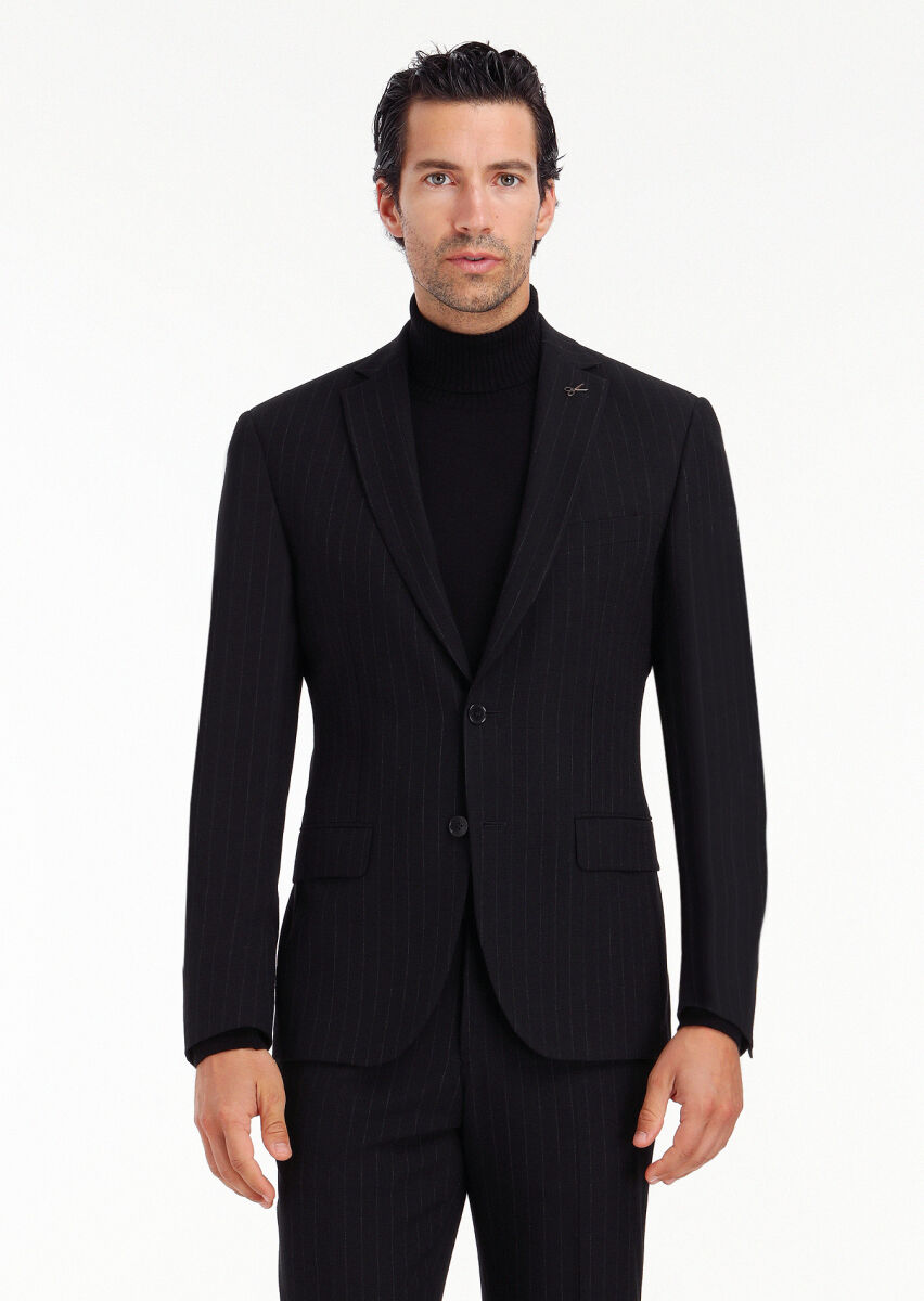 Siyah Çizgili Zeroweight Slim Fit Yün Karışımlı Takım Elbise - 3