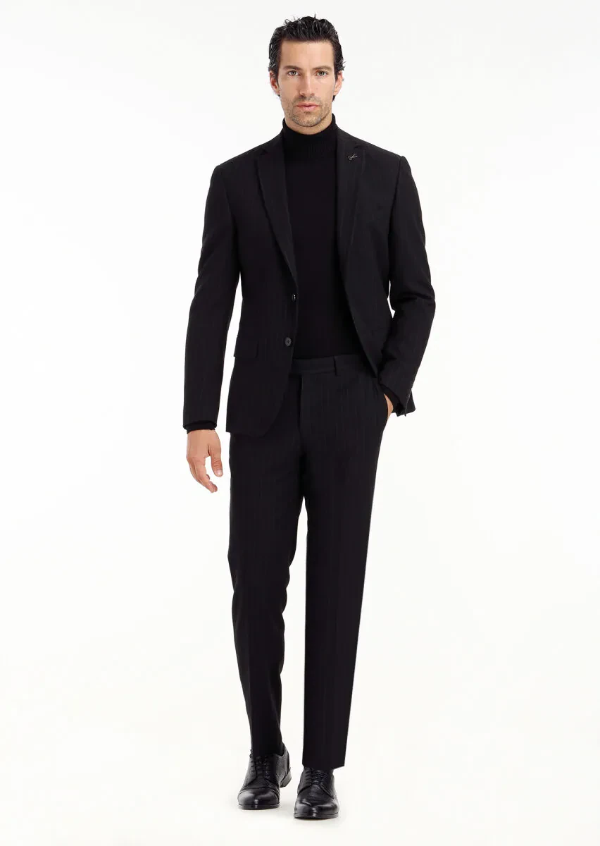 Siyah Çizgili Zeroweight Slim Fit Yün Karışımlı Takım Elbise - 1