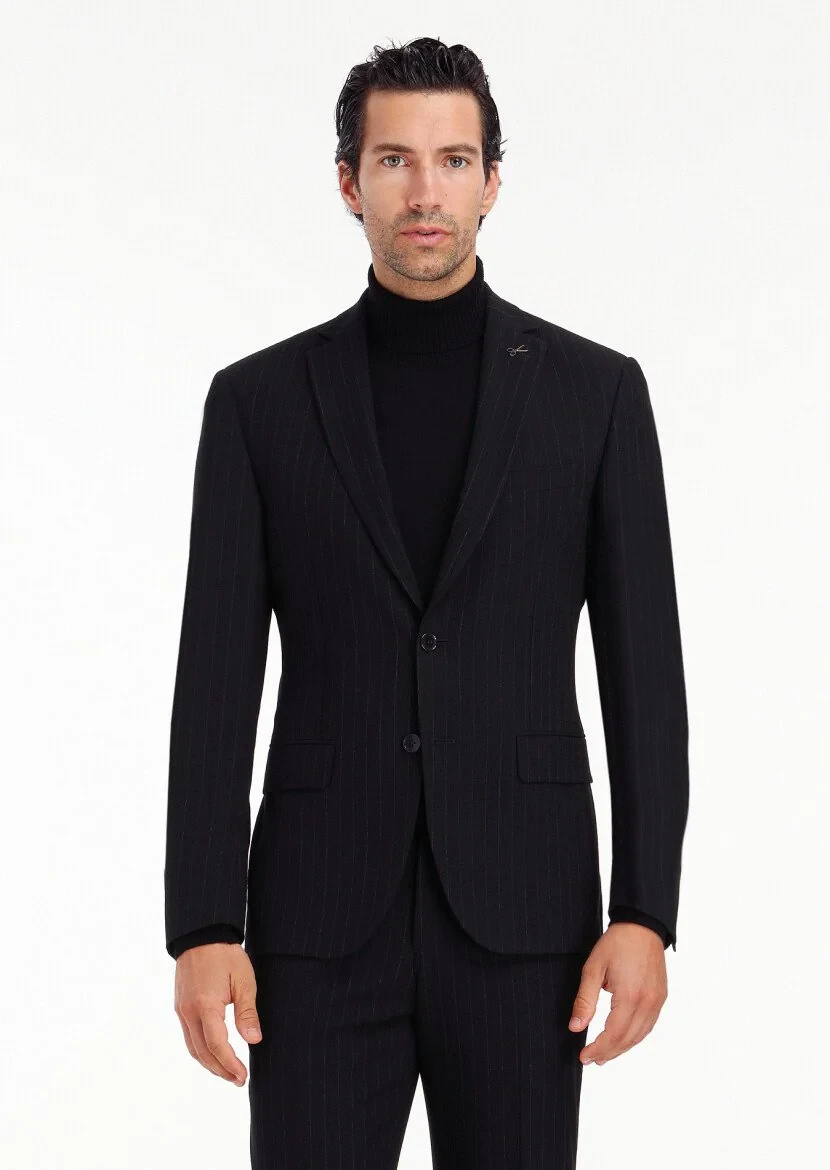 Siyah Çizgili Zeroweight Slim Fit Yün Karışımlı Takım Elbise - 3
