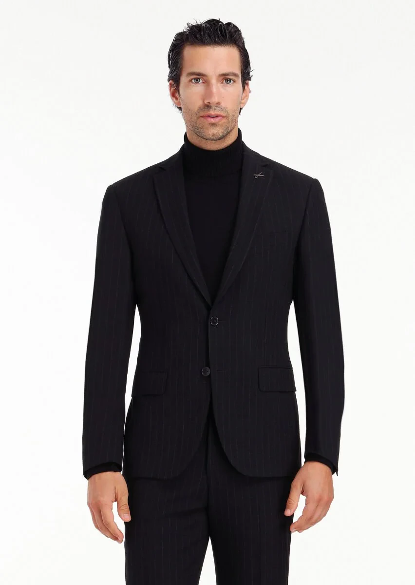 Siyah Çizgili Zeroweight Slim Fit Yün Karışımlı Takım Elbise - 3