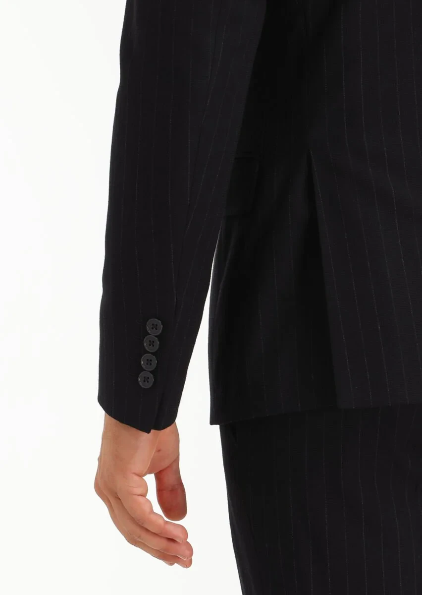 Siyah Çizgili Zeroweight Slim Fit Yün Karışımlı Takım Elbise - 5
