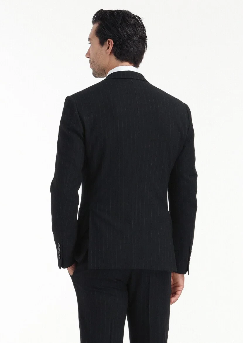 Siyah Çizgili Zeroweight Slim Fit Yün Karışımlı Takım Elbise - 7