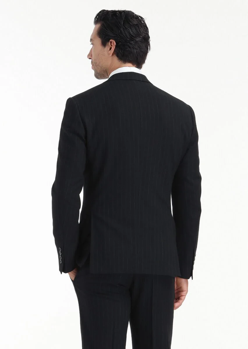 Siyah Çizgili Zeroweight Slim Fit Yün Karışımlı Takım Elbise - 7